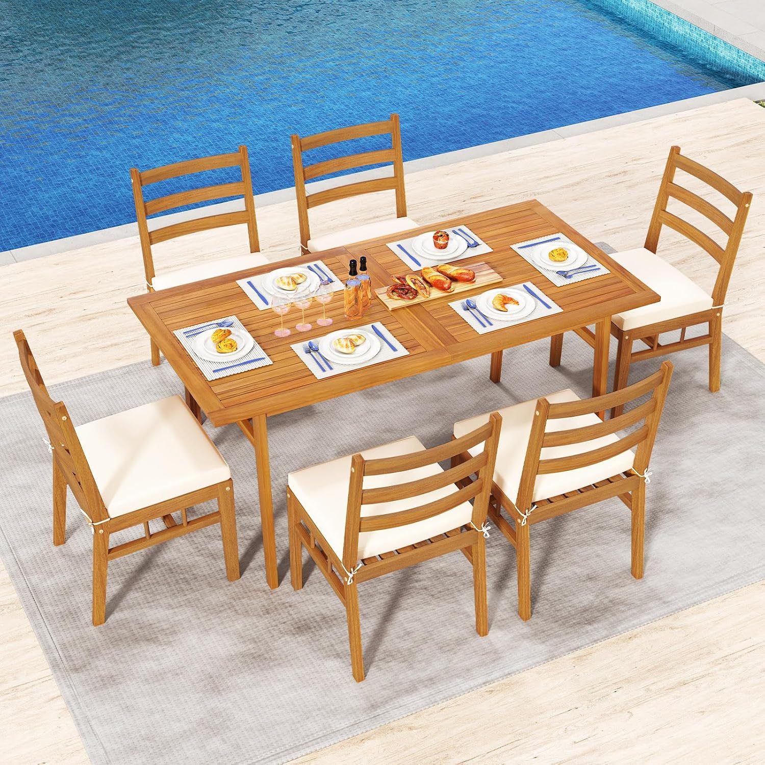 Tangkula 7 Pieces Patio Acacia Wood Dining Set, Outdoor Heavy Duty Rectangular Table with 1.97' Umbrella Hole and 6 Cushioned Chairs, for Deck, Garden and Backyard