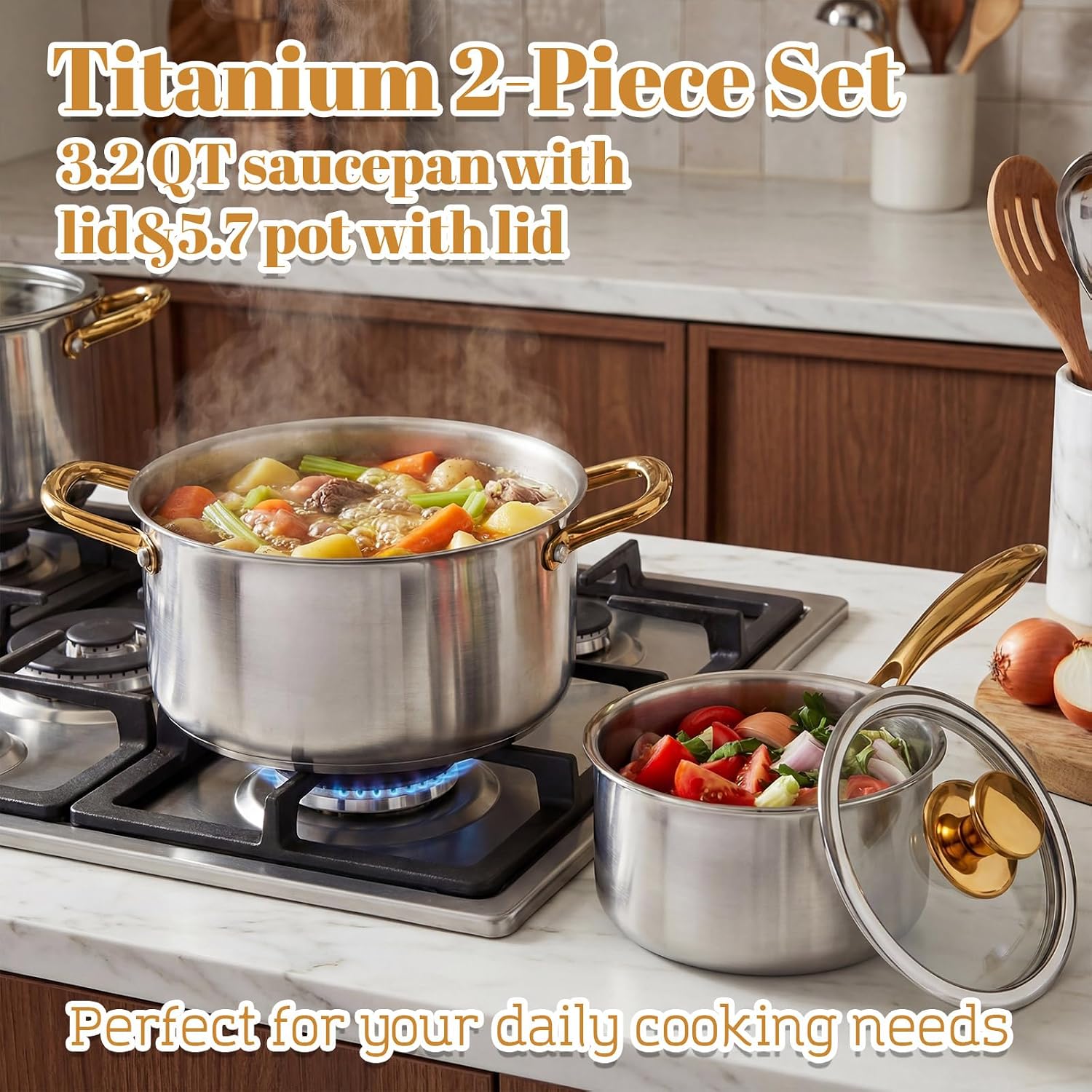 LemonRoad 2 Pieces Titanium Cookware Set, 7.68'' and 9.45'' Pots and Pans with Lids Triply Titanium No Coat Technology Safe for Oven, Induction and Cook Tops, Dishwasher Safe (Saucepans)
