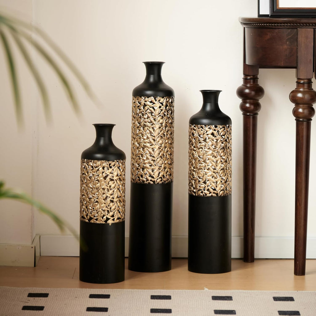 Floor Metal Decorated Vases Set of 3 for Gorgeous Home Decoration Large Glazed Metal Vases (Black)