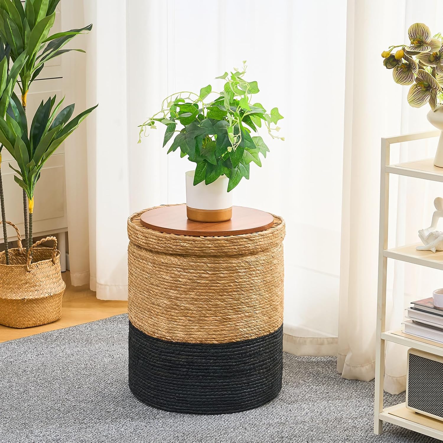 Wimarsbon Round Pouf Ottomans, Handwoven Natural Water Hyacinth Seagrass Pouffe,Outdoor Rattan Stool Accent Seat, Bohemian Coastal Home Decor (Cattail Nested Set-Black)