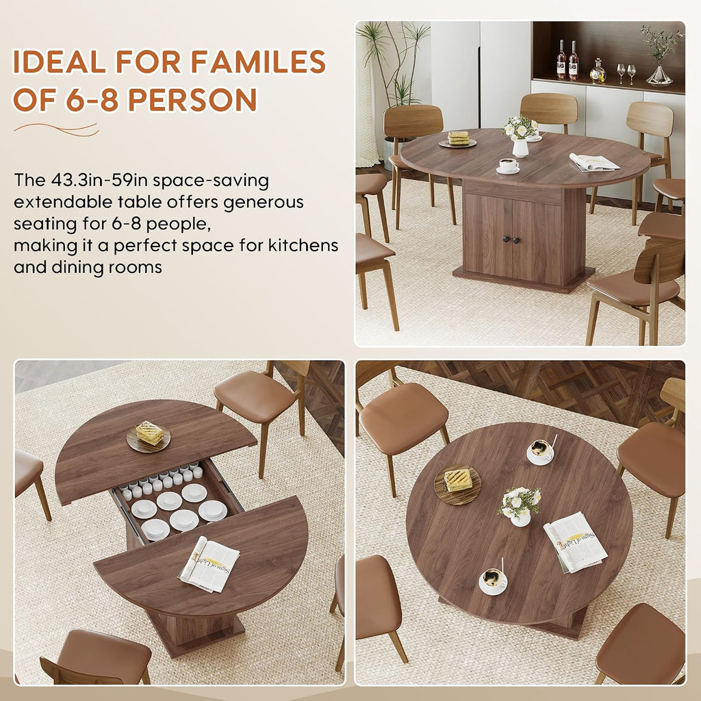 43.3in-59in Extendable Round Dining Table for 4-8, Modern Expandable Kitchen Oval Dining Table, Space Saving Circle Dining Room Table with Storage Shelf for Kitchen Living Room