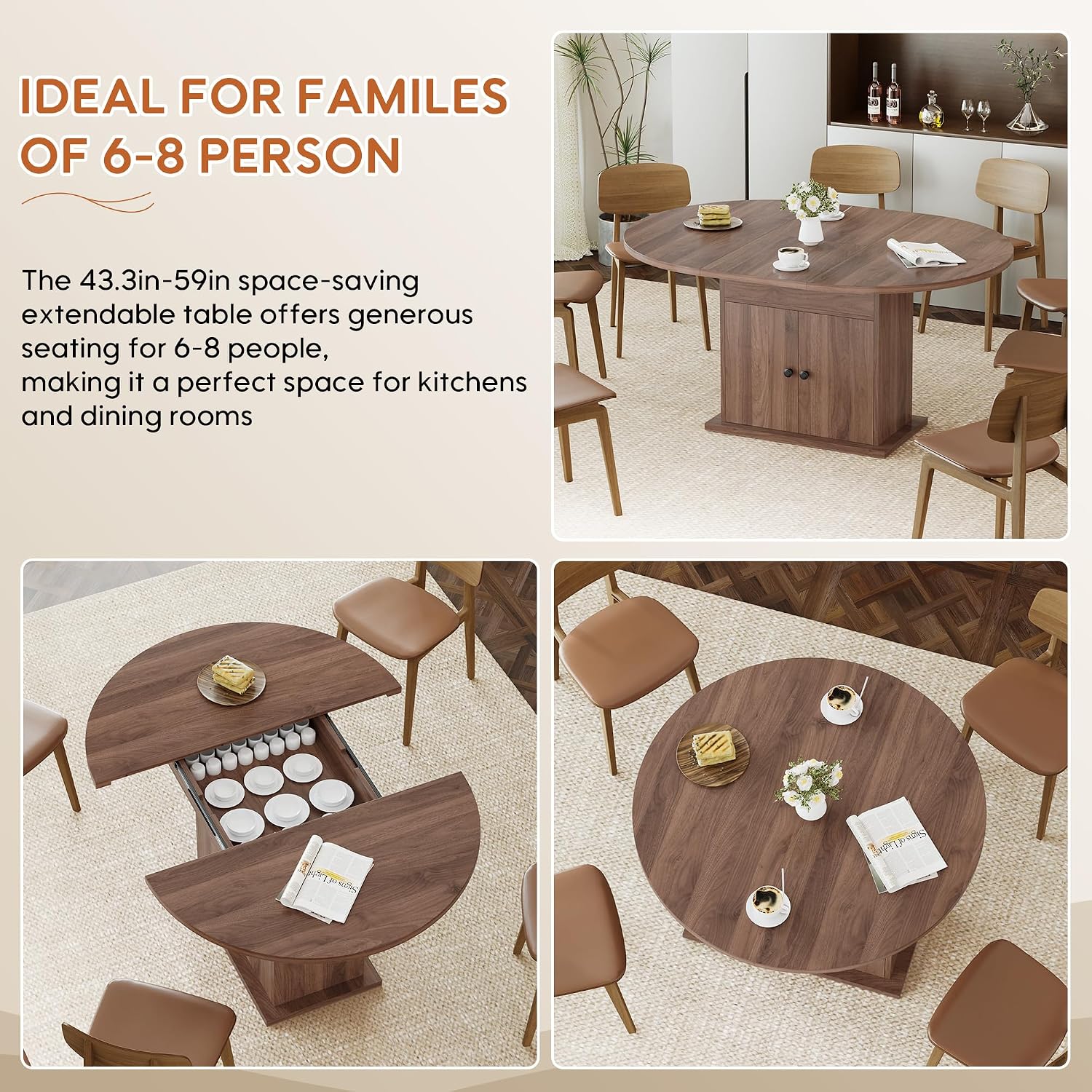 43.3in-59in Extendable Round Dining Table for 4-8, Modern Expandable Kitchen Oval Dining Table, Space Saving Circle Dining Room Table with Storage Shelf for Kitchen Living Room
