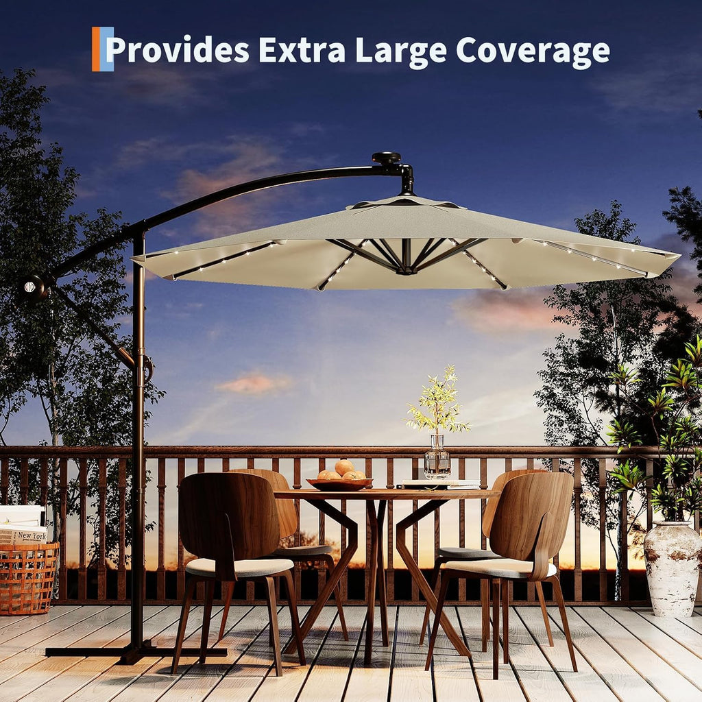 Garvee 10FT Solar Lights Cantilever Umbrella Outdoor Patio, Offset Patio Umbrella with Easy Lift & Tilt Adjustment, UV Protection Fade Resistant for Deck, Pool, Garden, Beige