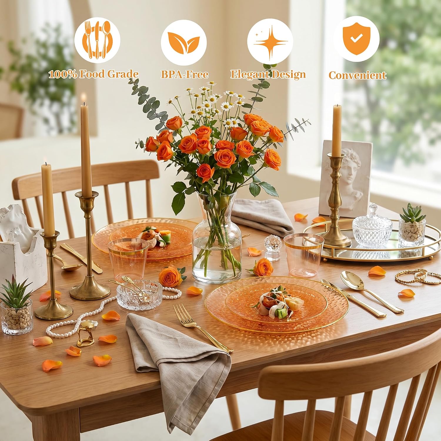 Rubtlamp 700Pcs Amber Gold Plastic Dinnerware Set, Hammered Clear Gold Plates, Fancy Plastic Plates Include 100 Dinner Platos, 100 Salad Platos, 100 Cups,100 Pack Pre Rolled gold plastic Silverware