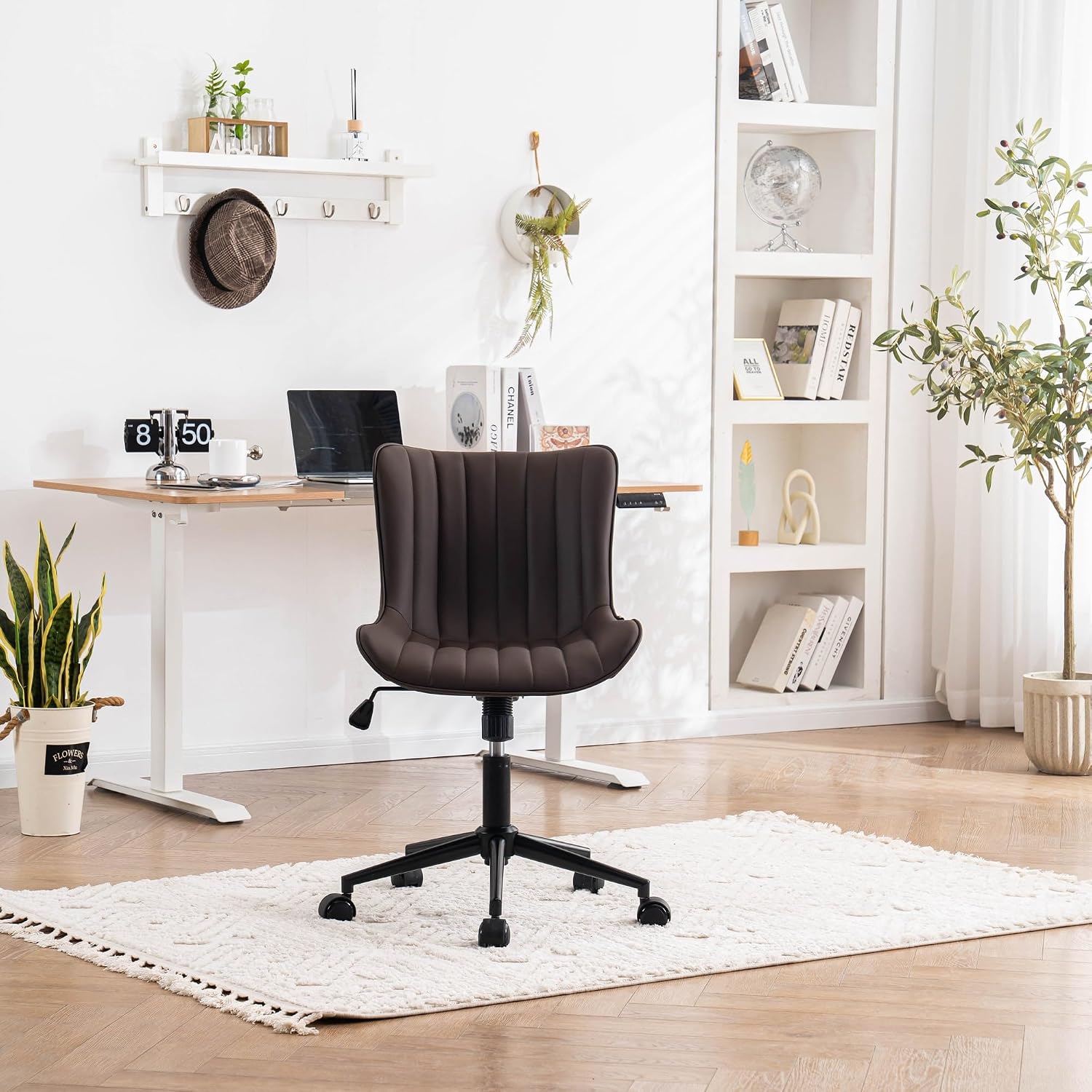 YOUNIKE Ergonomic Home Office Desk Chair with Wheels Comfy Armless Criss Cross Chair with Adjustable Back Modern Leather Upholstered Swivel Vanity Chair Small Cute Rolling Task Chair for Women Brown