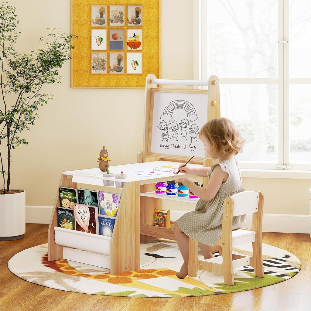 HONEY JOY Kids Art Table and Chair Set, Wooden Arts and Crafts Activity Set w/Adjustable Magnetic Whiteboard & Chalkboard, Paper Roll, Bookshelves & Storage Shelves, Toddler Table(Natural)