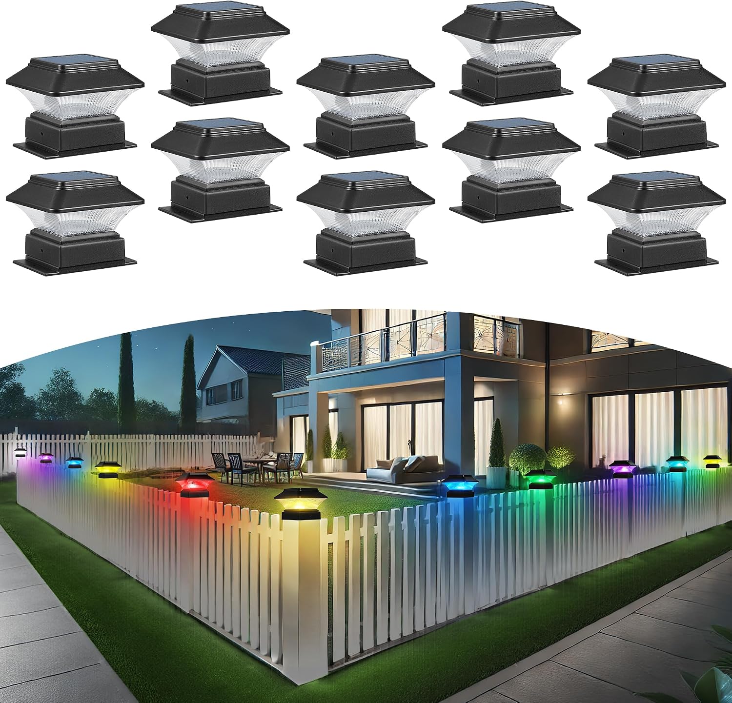 10 Pack Colorful Outdoor Solar Post Lights – 5 Modes, Fits 4x4 and 4x6 Posts, 50 Lumens, Decorative Waterproof Lamps – Ideal for Decks, Gardens, Fences, Patios, Halloween Ambiance