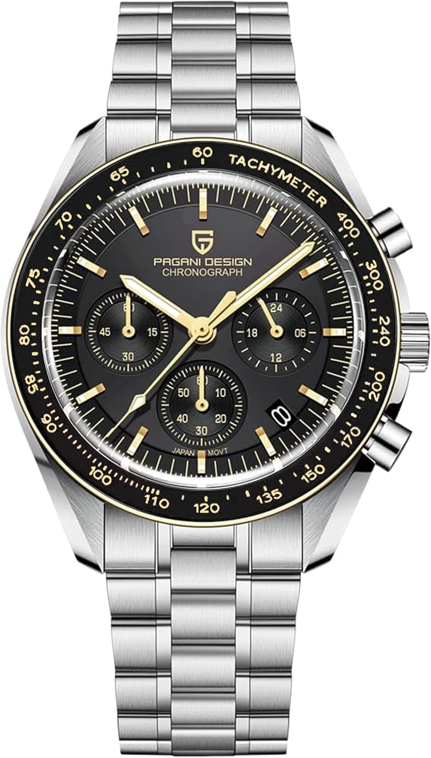 Pagani Design 1701 Men's Watch, Chronograph, VK63 Japanese Quartz Movement, Stainless Steel Bracelet, Water Resistant to 330 Feet (100 Meters), Sapphire Glass Wristwatch.