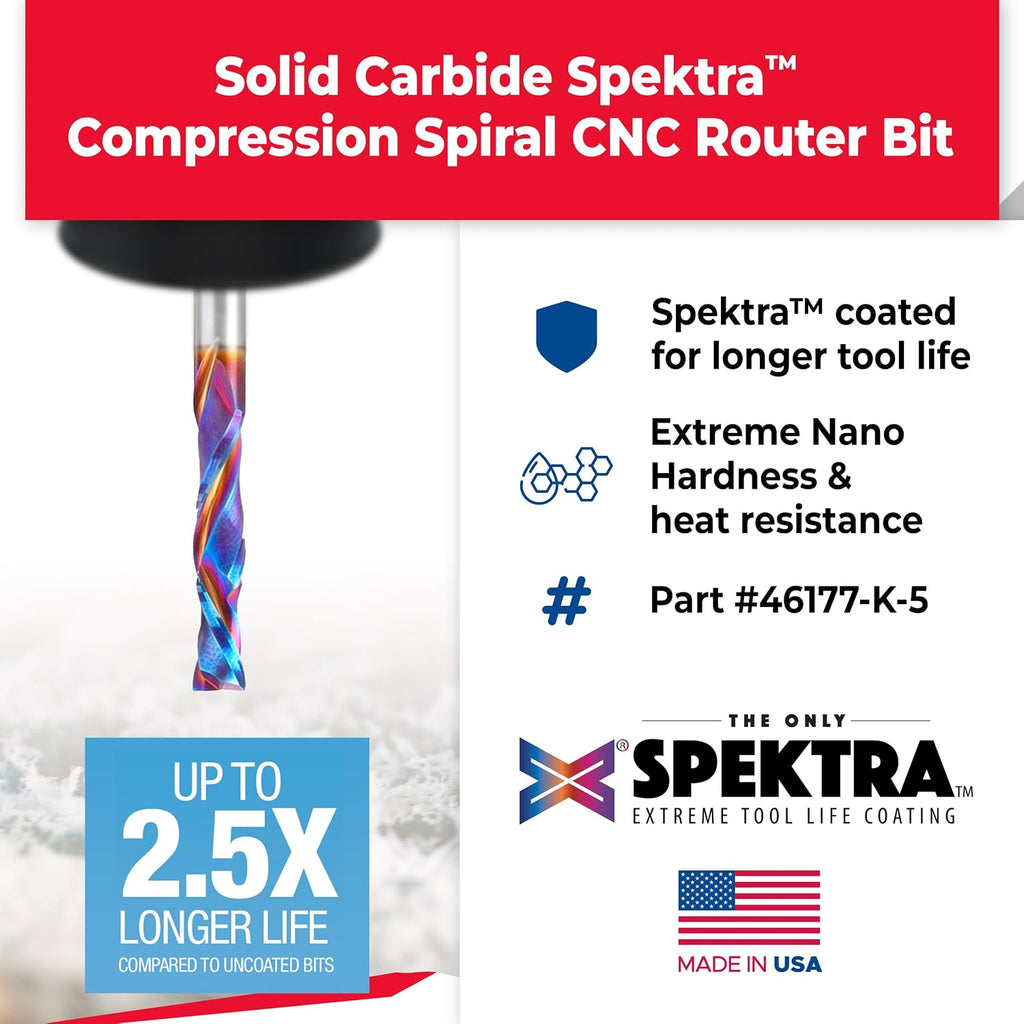 Amana Tool Spektra Extreme Tool Life Solid Carbide CNC Compression Spiral Router Bit, 46177-K-5 5 Pack, 1/4 D x 1-1/4 CH x 1/4 Shk x 3 Inch L 2 Fl
