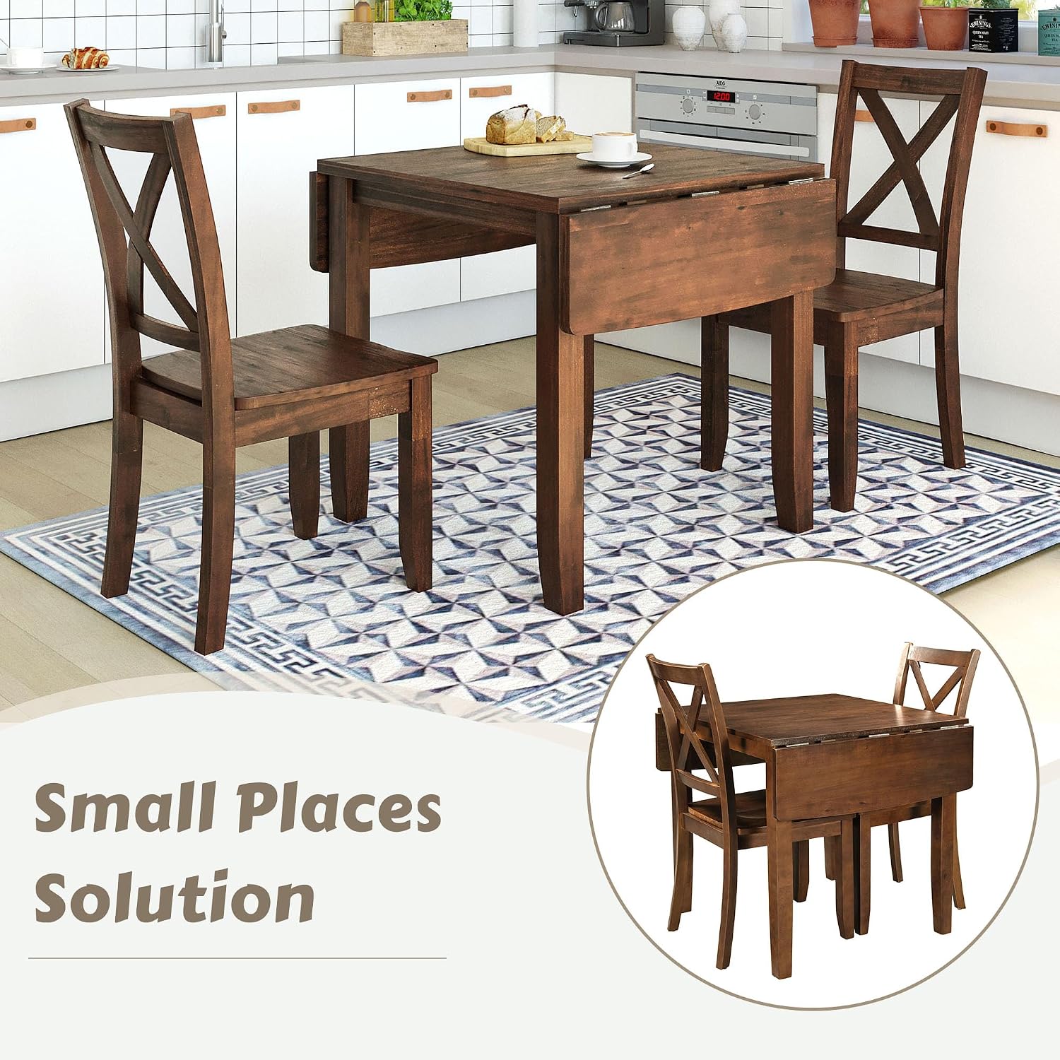 LUMISOL Farmhouse 3-Piece Drop Leaf Dining Table Set with 2 X-Back Chairs, Space-Saving Wood Table and 2 Chairs, Extendable Kitchen Table Set, Walnut