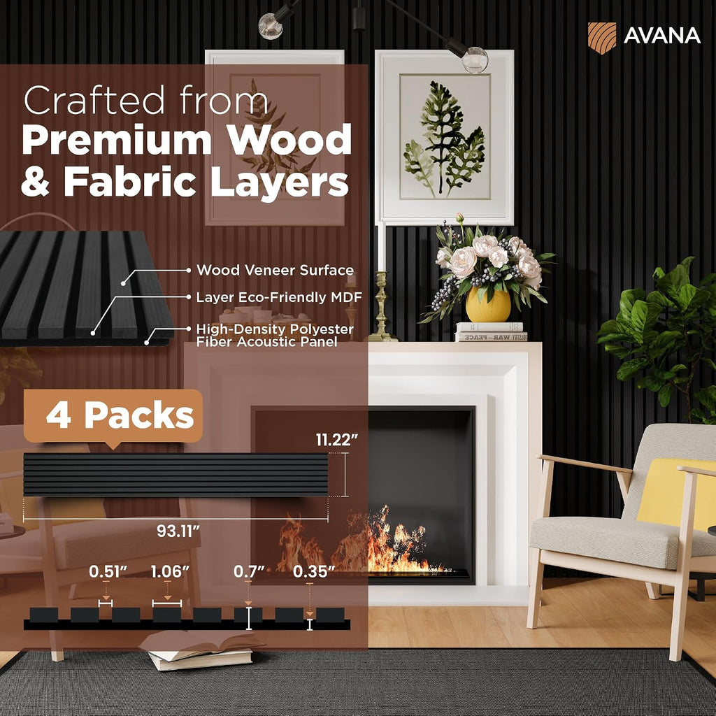 Avana Acoustic Wood Wall Panels – 93.2x11.25 Inch Panels – Fits 94x12 Layout – Black Oak Acoustic Panels 4 PCs – Wall Panels for Interior Wall Decor for Homes, Offices – Design Wood Panels for Wall