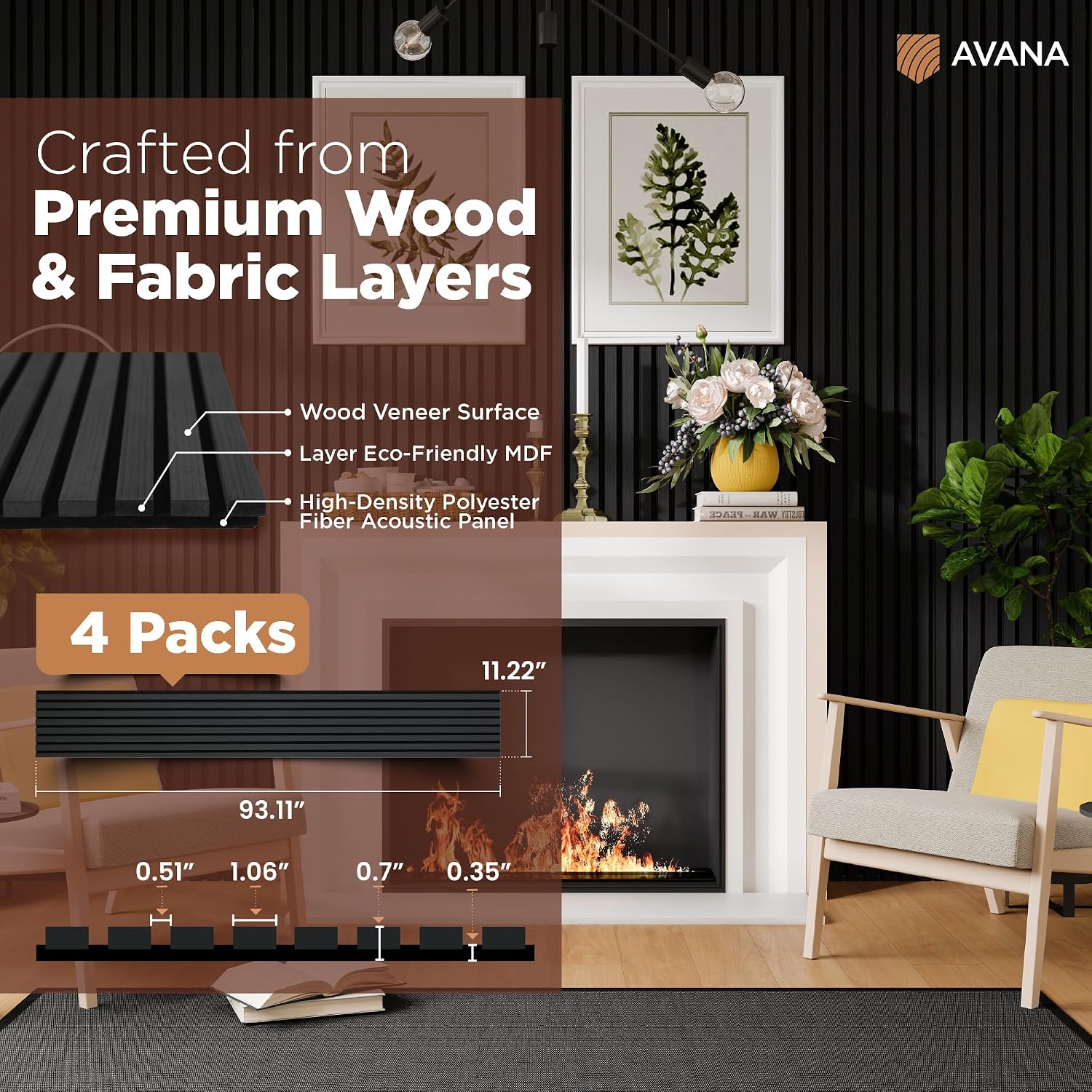 Avana Acoustic Wood Wall Panels – 93.2x11.25 Inch Panels – Fits 94x12 Layout – Black Oak Acoustic Panels 4 PCs – Wall Panels for Interior Wall Decor for Homes, Offices – Design Wood Panels for Wall