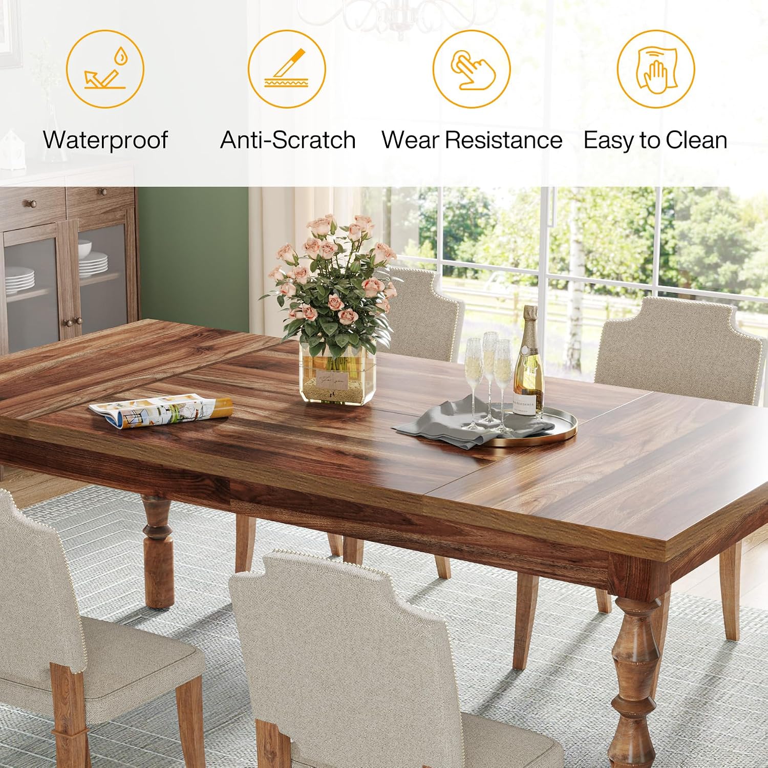 Tribesigns 62' Farmhouse Dining Table for 4-6 People, Large Wood Rectangle Kitchen Table, Modern Dinner Table Kitchen & Dining Room Furniture with Carved Turned Legs