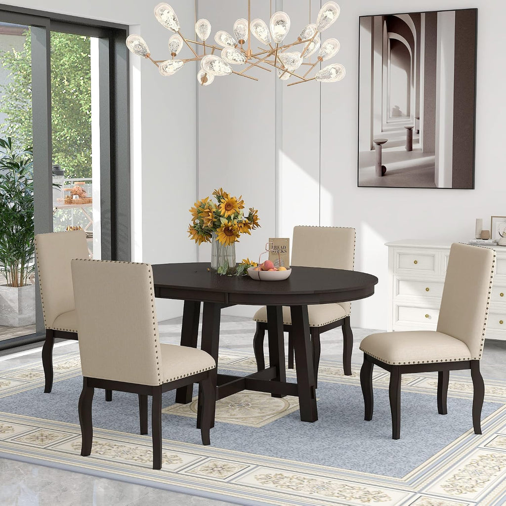 Harper & Bright Designs Kitchen Dining Table Set for 4, Wood Round Extendable Dining Table and 4 Dining Chairs Dining Table Set (Espresso), ST000074AAP-MZJ