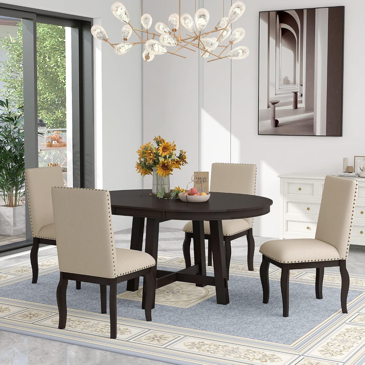 Harper & Bright Designs Kitchen Dining Table Set for 4, Wood Round Extendable Dining Table and 4 Dining Chairs Dining Table Set (Espresso), ST000074AAP-MZJ