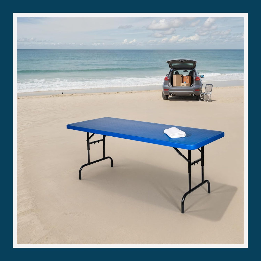 OEF Furnishings OEFBTA-3072-04 Adjustable-Height Commercial-Grade Premium Industrial Folding Table, 6-Foot Pedestal-Leg Design with 17-Gauge Steel Frame and Thick Double-Wall Top (72' × 30', Blue Top)