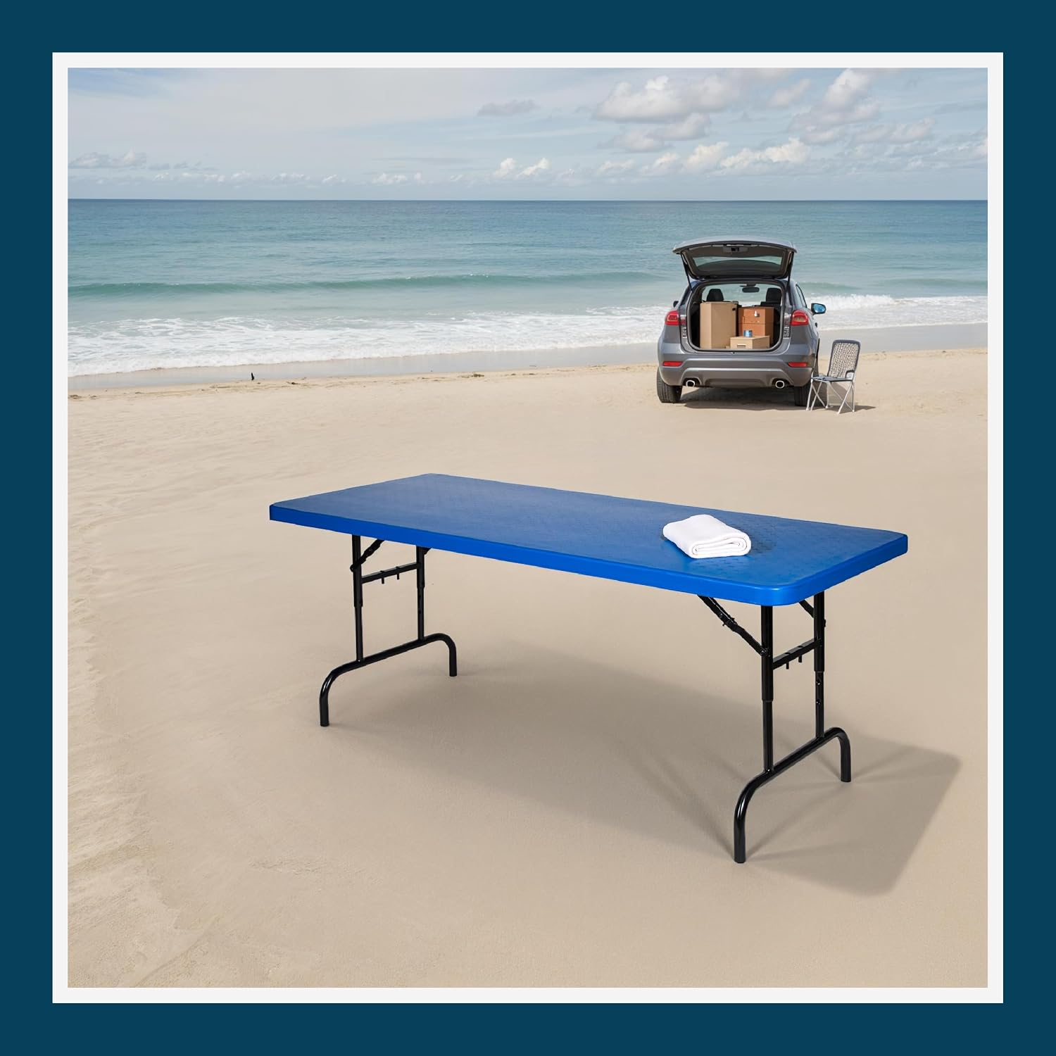 OEF Furnishings OEFBTA-3072-04 Adjustable-Height Commercial-Grade Premium Industrial Folding Table, 6-Foot Pedestal-Leg Design with 17-Gauge Steel Frame and Thick Double-Wall Top (72' × 30', Blue Top)