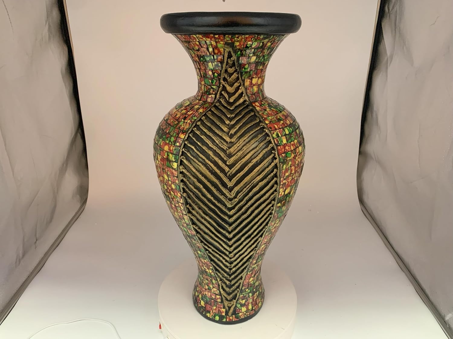 Floor Vase, 24 Inch Mosaic Vase – Tall Cylinder Made of Terracotta with Red, Orange, and Green Glass Mosaic Pieces – Handcrafted Decorative Home Décor Accent Piece for Bedroom, Living Room