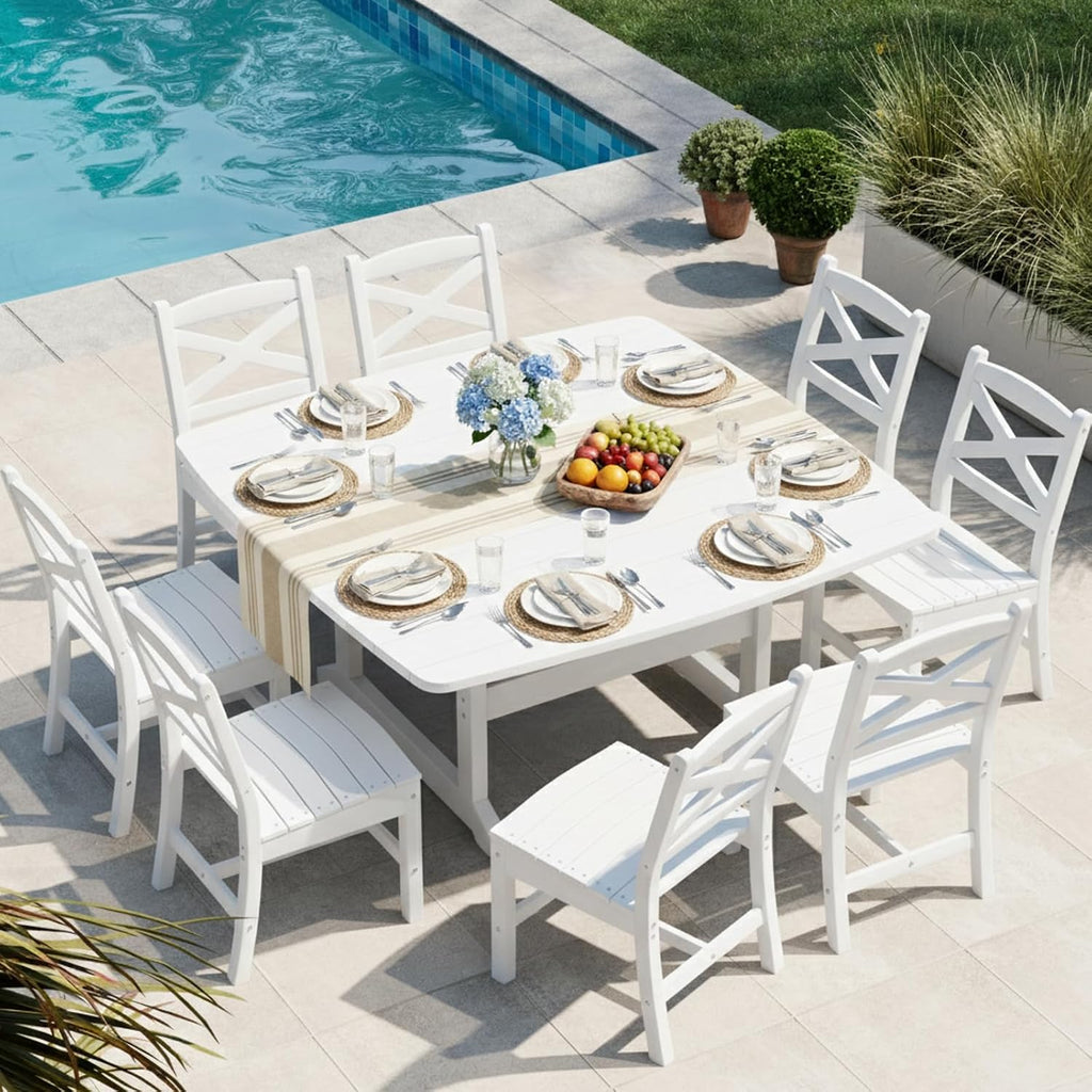 Outdoor Dining Set, HDPE 9-Piece Patio Table and Chairs Set, All-Weather Outdoor Dining Table Set for 8 with Umbrella Hole, Durable Patio Furniture Set with Chairs,White