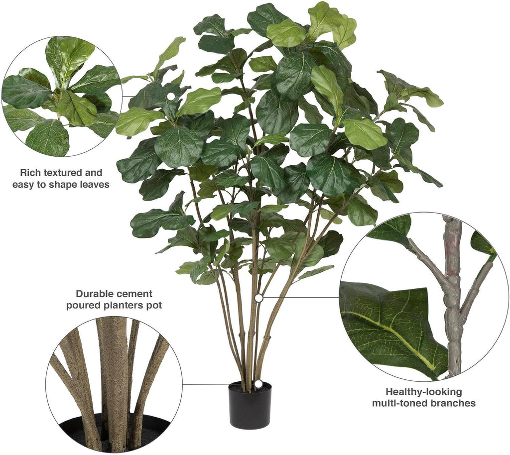 Vickerman 5' Artificial Green Potted Fiddle Tree - Lifelike Faux Fiddle Leaf Fig with 168 Realistic Leaves, Perfect Indoor Accent Plant for Home or Office Decor, Maintenance-Free Natural Charm