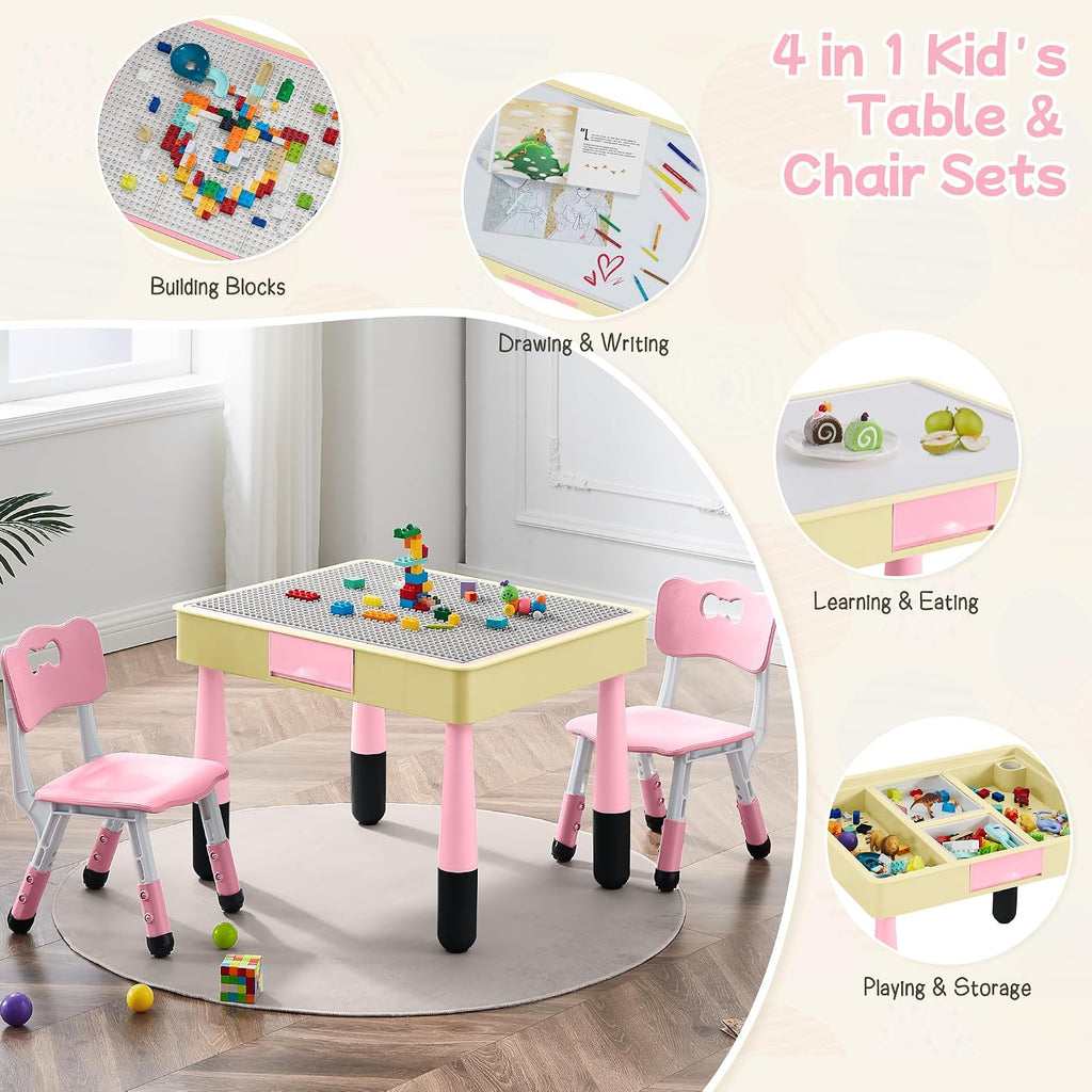 4 in 1 Kids Table and 2 Chairs Set, Toddler Table and Chair Set for Kids Ages 3-10, Activity Tables for Building Blocks/Drawing/Reading/Dining，Gift for Boy & Girl (Pink)