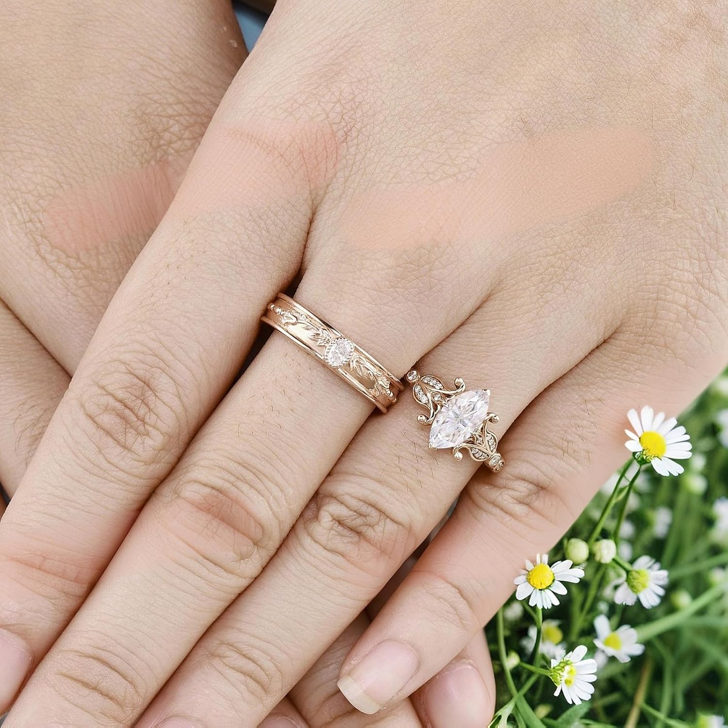 SISGEM Moissanite Couple Rings Set, 10K 14K 18K Solid Gold Moissanite Wedding Rings for Him And Her, Vintage Leaf/Branch Wedding Bands Matching Couple Rings Anniversary Jewelry Gift for Women And Men