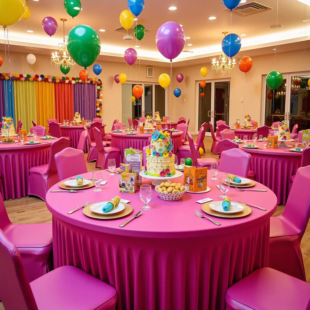 Outpain 6 Pack Spandex Hot Pink Round Tablecloths for 60in Tables, 120Inch Stretchy Fitted 5FT Round Table Clothes,Wrinkle Free Table Cover with Skirt for Wedding Party Dining Banquet