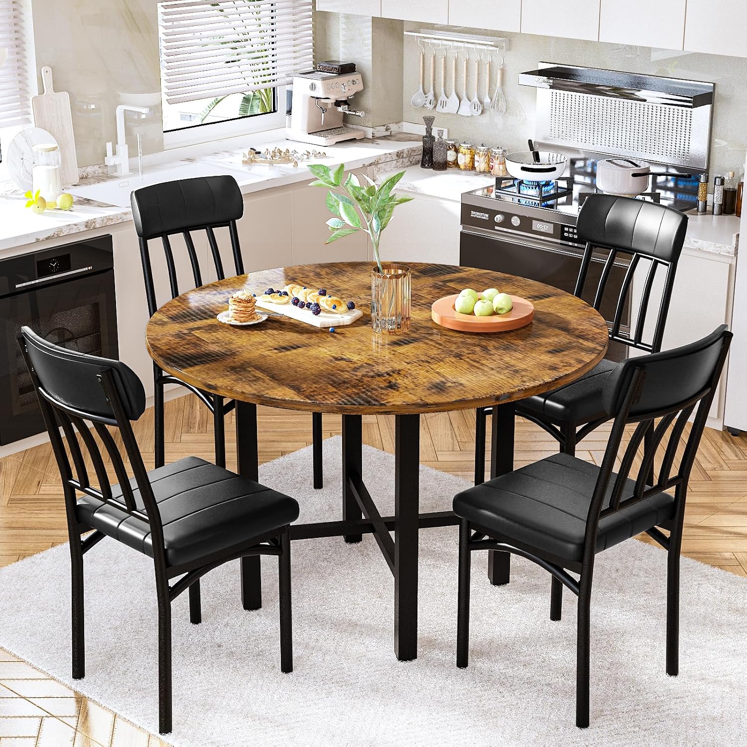 AWQM Round Dining Table Set for 4, Wood Circle Kitchen Table and Chairs Set for 4, Modern Dining Room Sets with 4 Faux Leather Chairs, Round Dinner Table for Small Space, Walnut