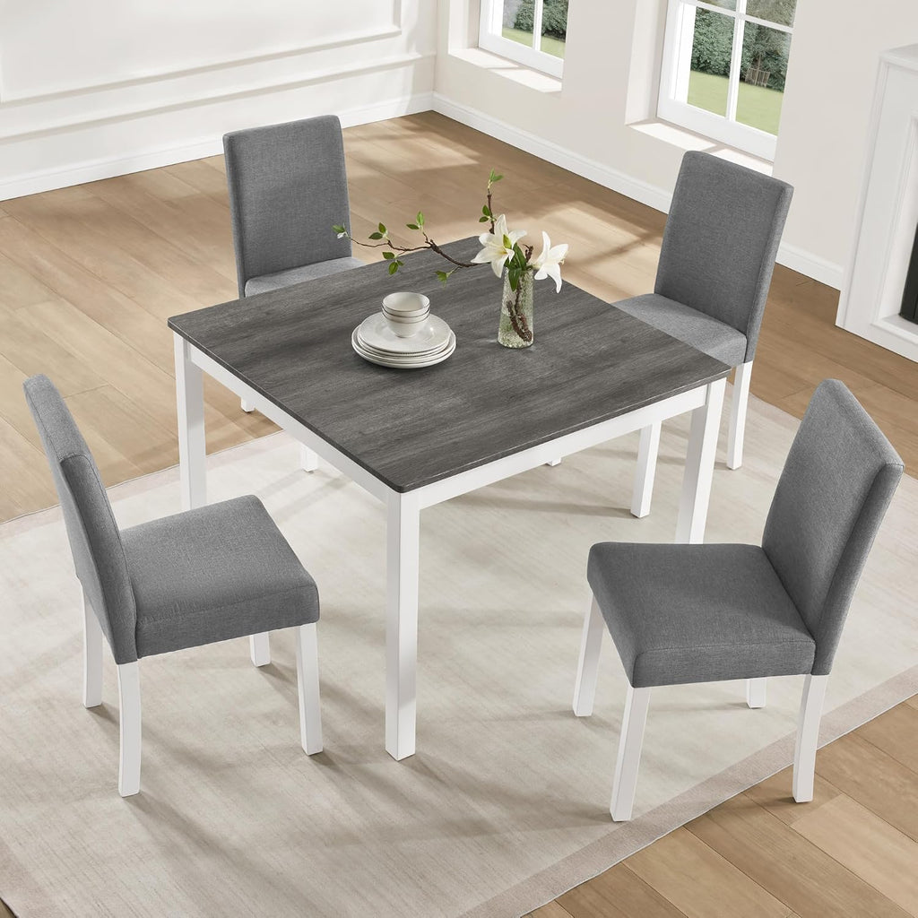 KEIKI 5-Piece Standard Height Dining Table Set with Square Table and 4 Upholstered Curved Backrset Chair, for 4 Person, Modern Wooden Table Set, Easy Assembly, for Kitchen, Dining Room, White+Gray