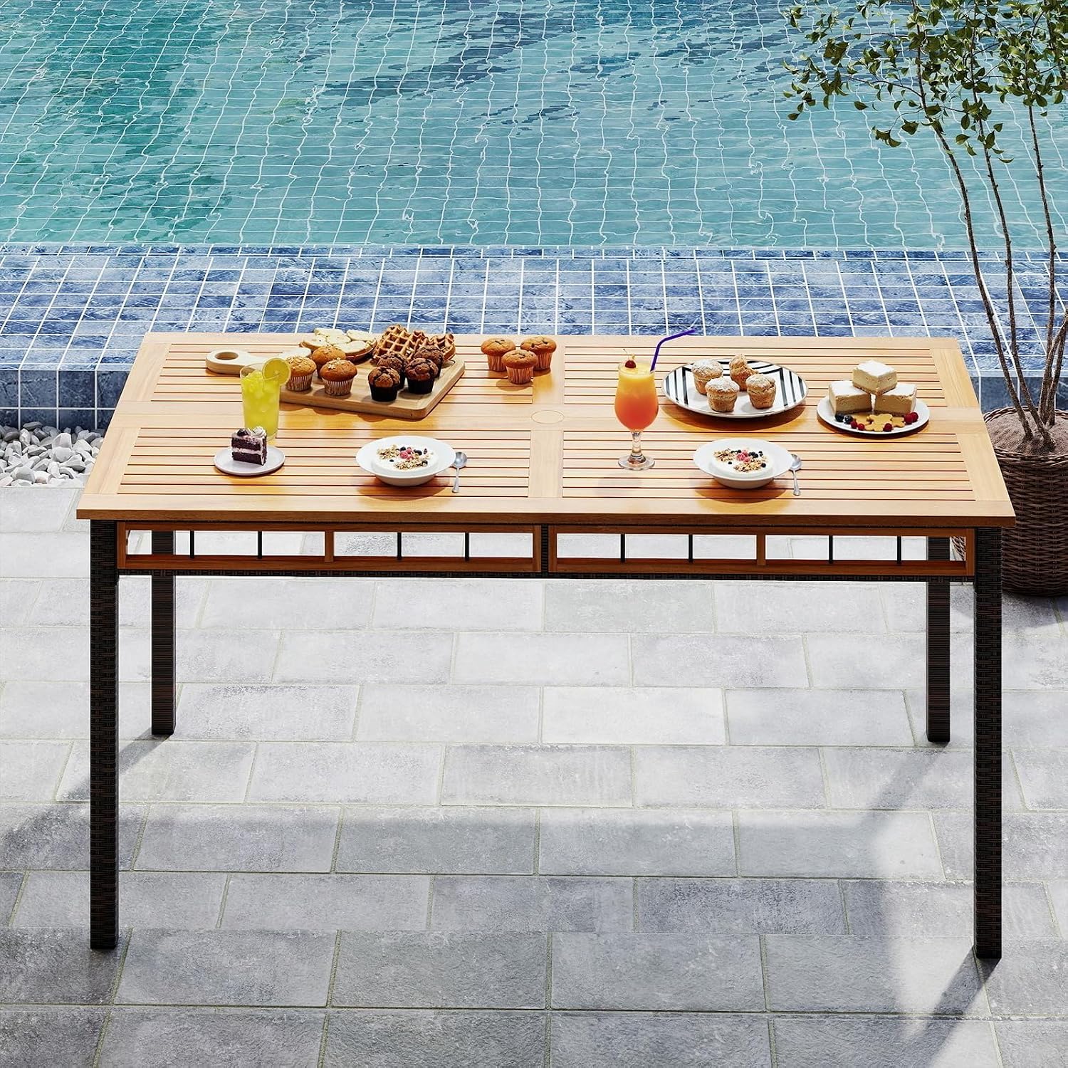 HAPPYGRILL Acacia Wood Outdoor Dining Table 63', 4-6 Person Rectangular Metal Patio Table with Umbrella Hole and Rattan Legs, Slatted Outdoor Furniture for Garden, Poolside, Backyard and Deck