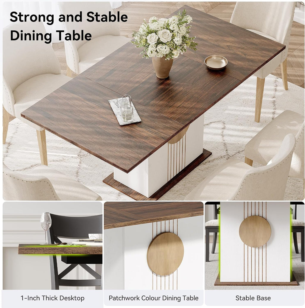 LITTLE TREE Rectangle Dining Table, Modern Kitchen Table Set for 6, Wooden Furniture with Heavy Duty Base, Modern Furniture for Home, Dining Room, Brown & White