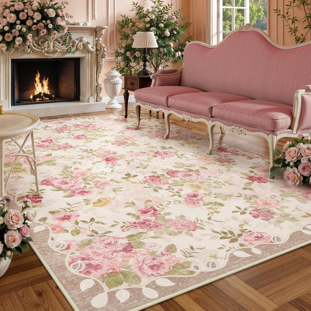 Lahome Floral Washable Rugs 9x12, Large Area Rugs 9x12 Living Room,Soft Non-Slip Thin Vintage Boho Bedroom Carpet for Dining Room Playroom Nursery Farmhouse, Nina Beige/Pink/Multi