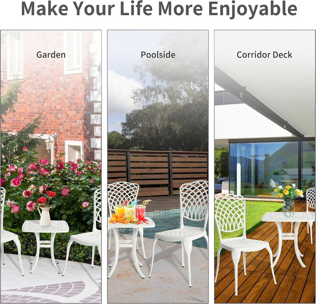 HOMEFUN Thickened Heavy-Duty Cast Aluminum Bistro Set of 2 Outdoor 3 Piece Patio Set with Padded Cushion, Ultra Sturdy Rustproof All-Weather for Garden Balcony, White