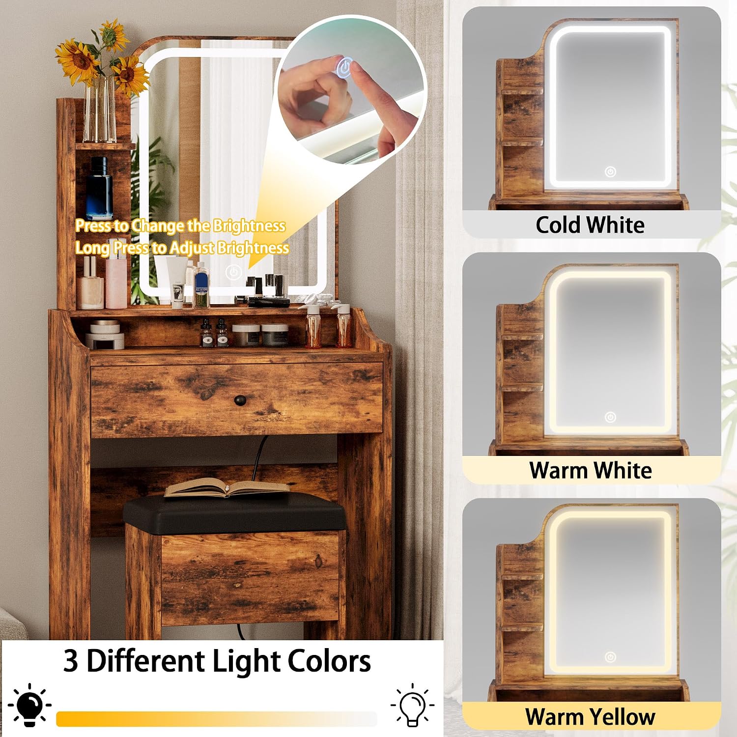 LIKIMIO Small Makeup Vanity Desk with Mirror and Lights, Vanity Table Set with Storage Drawer, Chair and Three Shelves, Bedroom, Vintage Brown