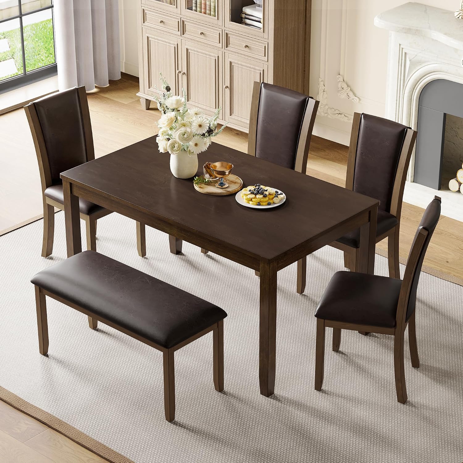 LUMISOL Farmhouse Dining Table Set for 6, Solid Wood Kitchen Table Set with 4 Upholstered Chairs and Bench for Kitchen, Dining Room, Dark Walnut