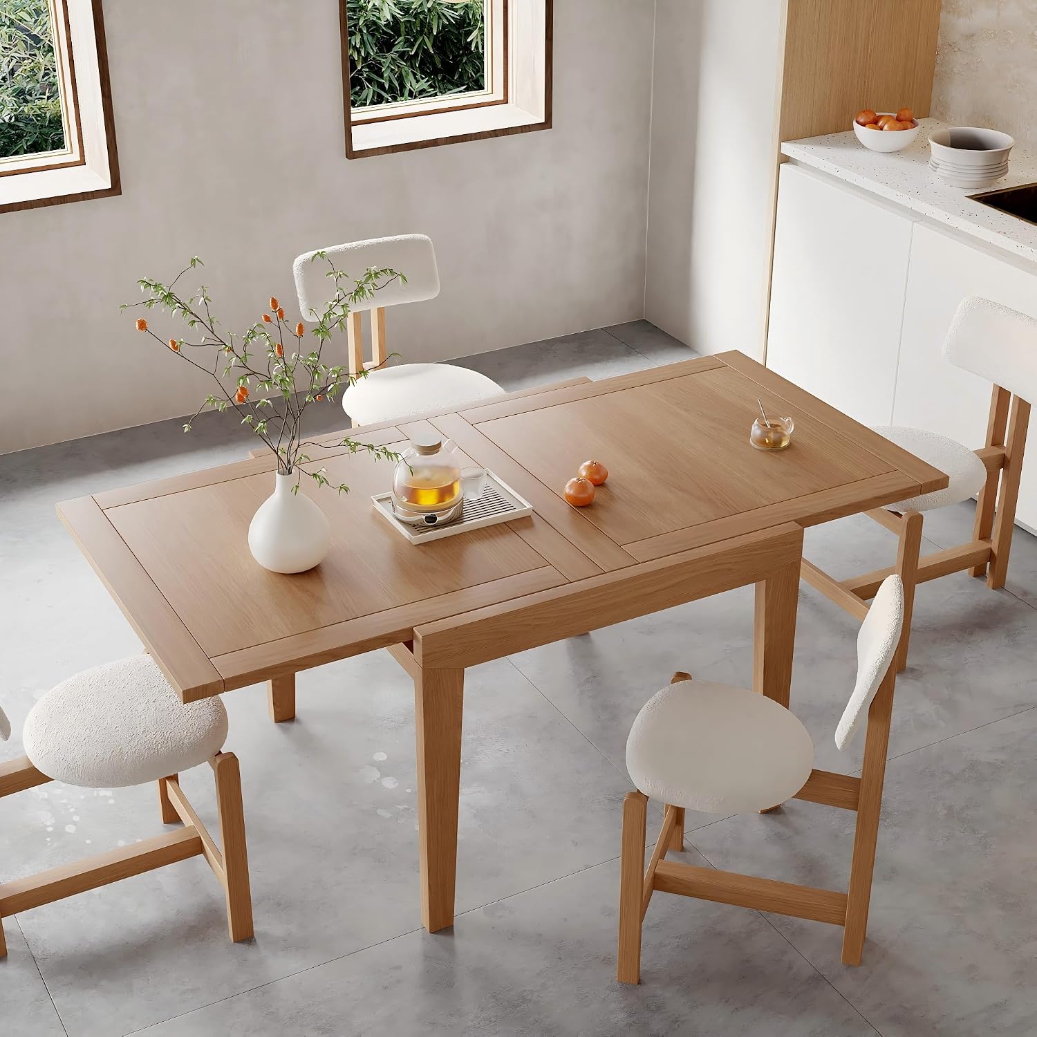 Acanva Rectangle Extendable Dining Table for 4-6 Person, Modern Kitchen Small Space Tables with Solid Wood Legs, Natural Oak