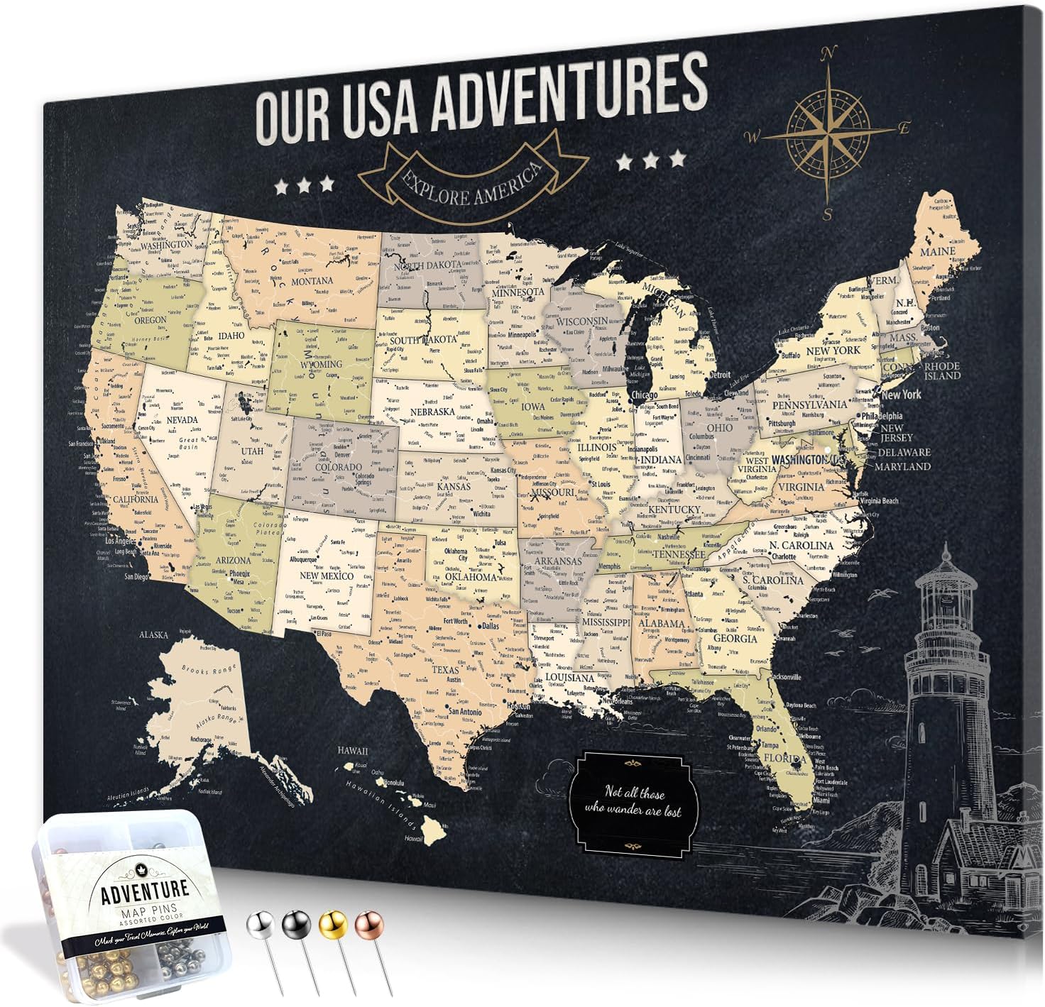 IPIC - Vintage USA Travel Map, Pin Board Canvas Wall Art, Travel Map with Pins Included, Ready to Hang for Home or Office, 40x30 Inch