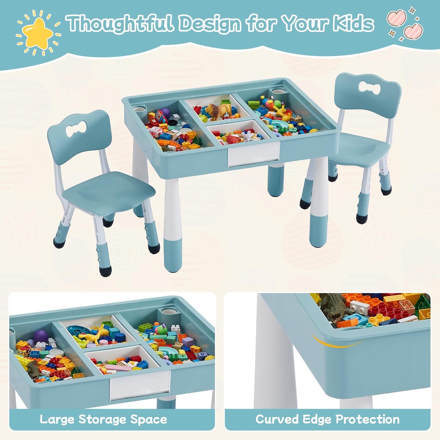 4 in 1 Kids Table and 2 Chairs Set, Toddler Table and Chair Set for Kids Ages 3-10, Activity Tables for Building Blocks/Drawing/Reading/Dining，Gift for Boy & Girl (Grayish Blue)