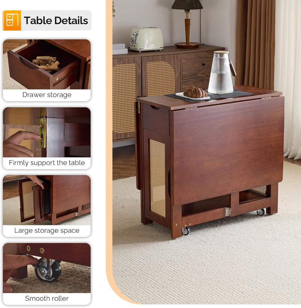 VINGLI Folding Dining Table Set Extendable Drop Leaf Solid Wood Foldable Table 5 Piece with 4 Chairs 2 Drawers and Wheels for Kitchen Space Saving,Walnut