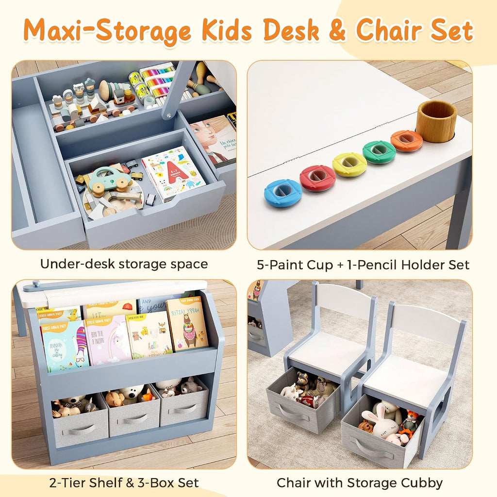 5-in-1 Kids Art Table and Chairs, Wood Toddler Table and Chair Set with Storage Drawers, Craft Play Desk for Kids, Convertible Art Easel with Paper Roll Holder, Children Activity Learning Center-Blue