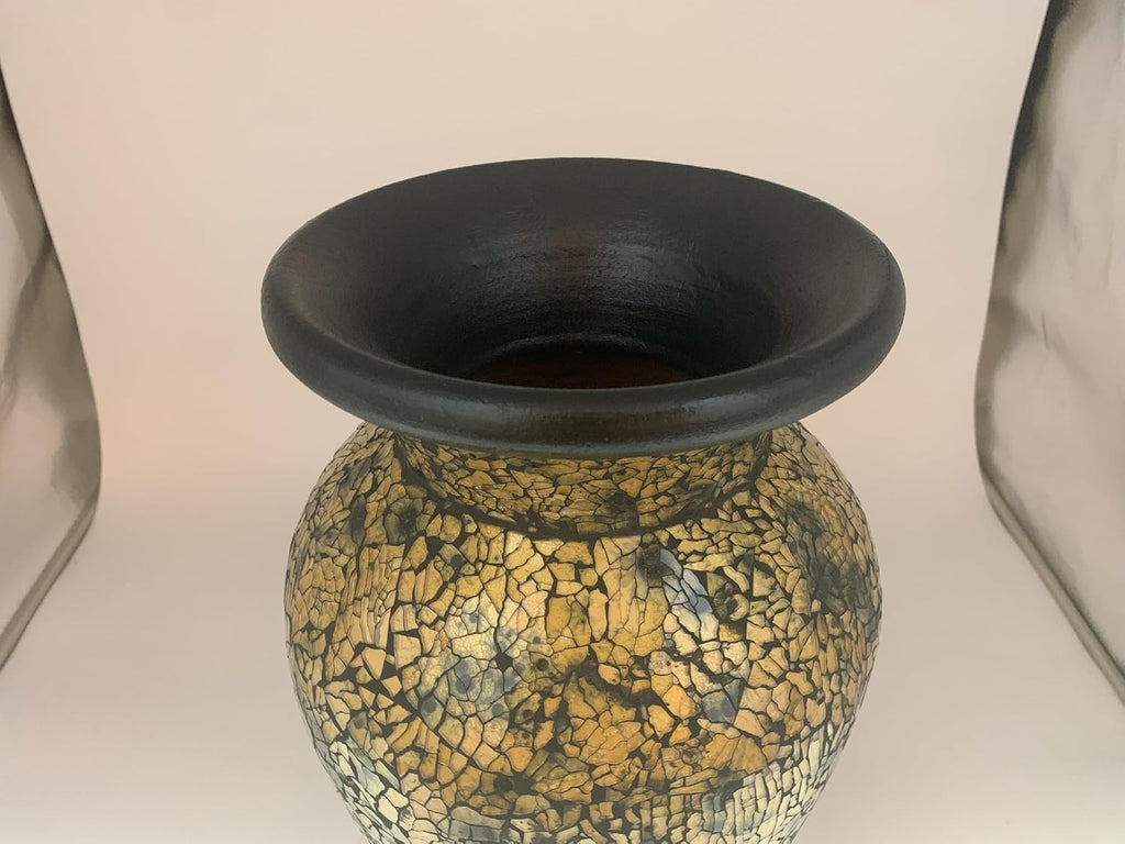 Floor Vase, 18 Inch Mosaic Vase – Tall Cylinder Made of Terracotta with Crackled Gold and Black Glass Mosaic Pieces – Handcrafted Decorative Home Décor Accent Piece for Bedroom, Living Room