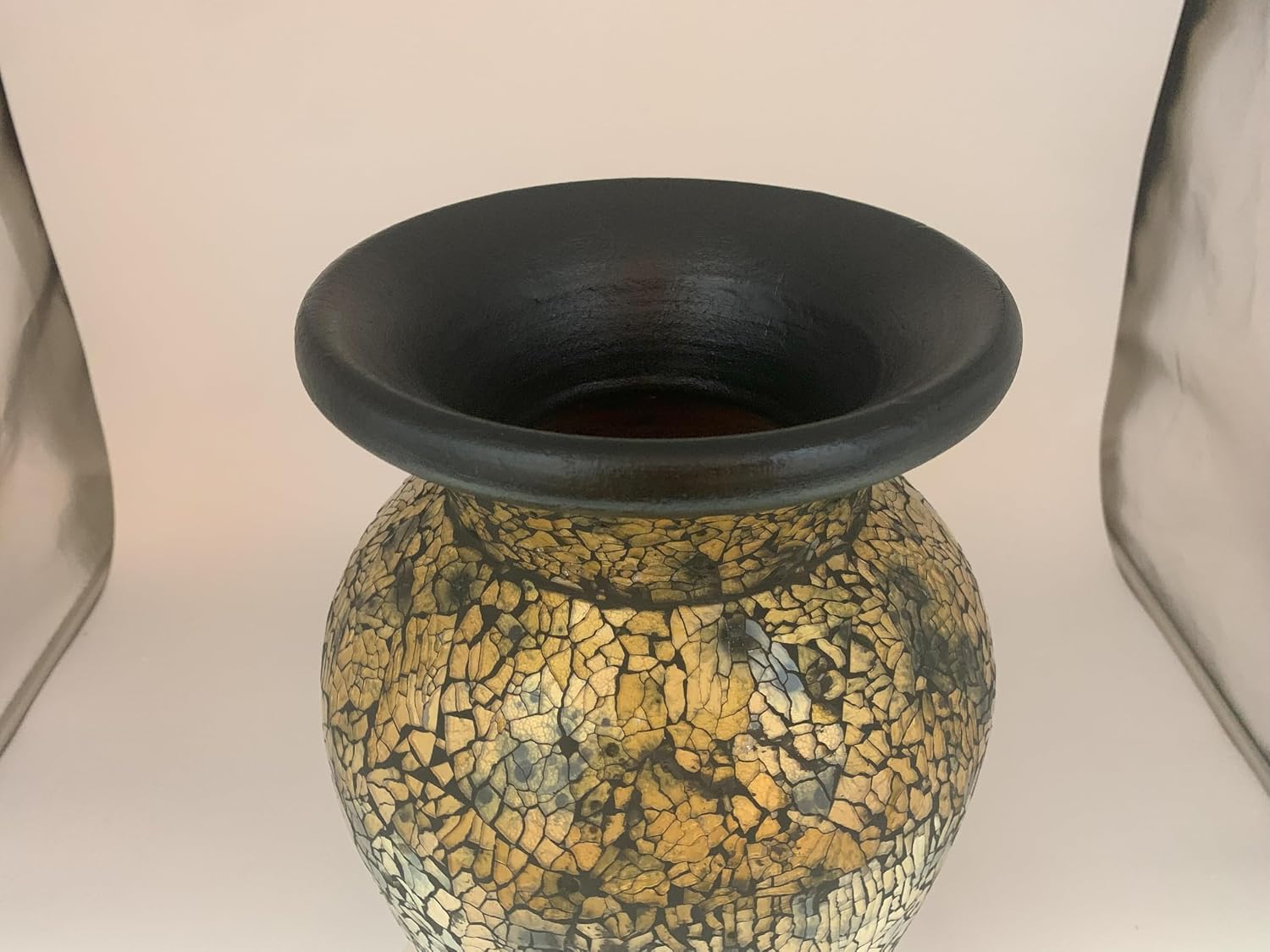 Floor Vase, 18 Inch Mosaic Vase – Tall Cylinder Made of Terracotta with Crackled Gold and Black Glass Mosaic Pieces – Handcrafted Decorative Home Décor Accent Piece for Bedroom, Living Room