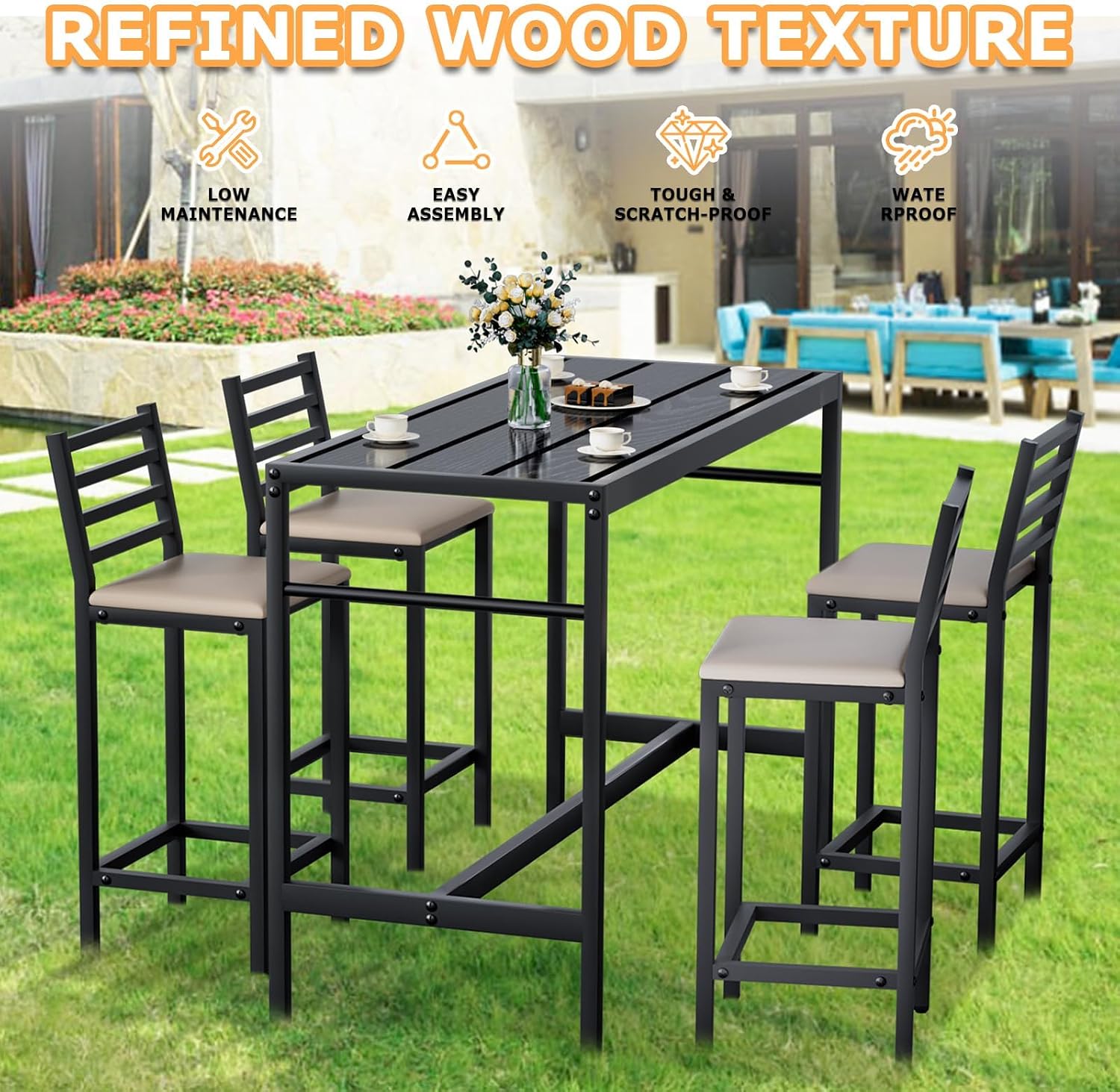 5 Piece Outdoor Patio Bar Set, 54.7' Rectangular Counter Height High Top Bar Tables, 4 Cushioned 41' Bar Stools, Metal Bar Table and Chairs Set for Poolside, Balcony, Backyard, Porch