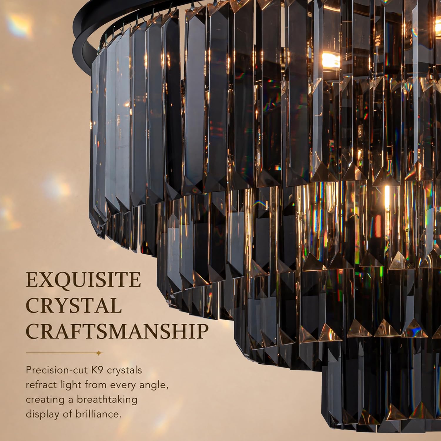 ALOADECOR 10-Light W32 in. Modern Odeon 4-Tier Round Fringe Crystal Chandelier in Matte Black Finish Frame with Smoke Crystal Accents Dual-Use Light for Dining Room Living Room Bedroom