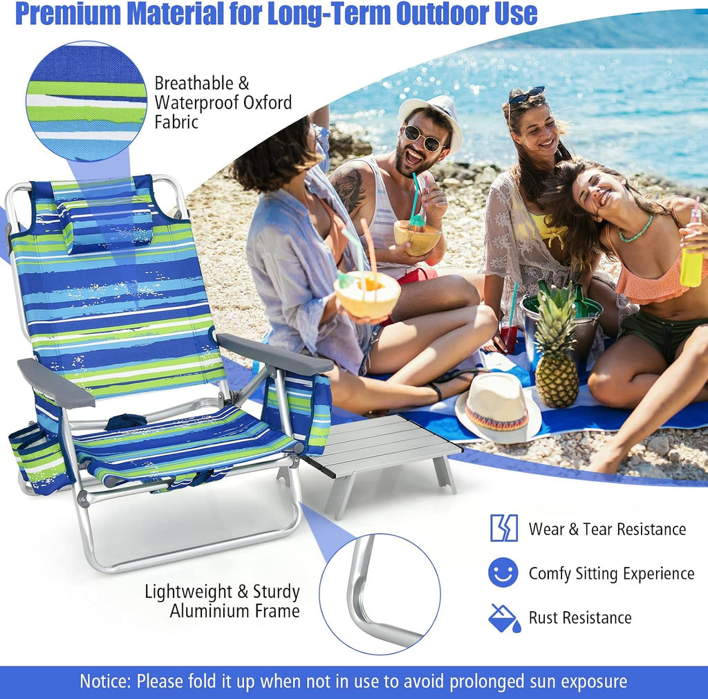 Tangkula Backpack Beach Chair with Table, 5-Position Lay Flat Beach Chairs with Cooler Bag, 2 Cup Holders, Towel Bar, Lightweight Low Folding Beach Chair with Backpack Straps