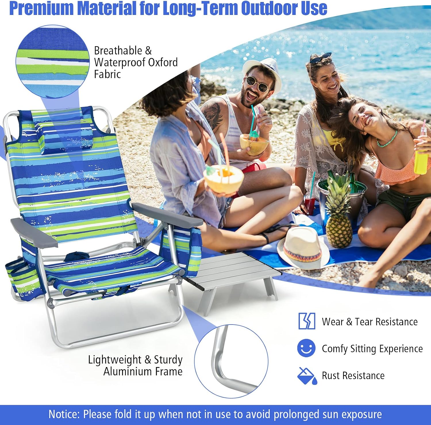 Tangkula Backpack Beach Chair with Table, 5-Position Lay Flat Beach Chairs with Cooler Bag, 2 Cup Holders, Towel Bar, Lightweight Low Folding Beach Chair with Backpack Straps