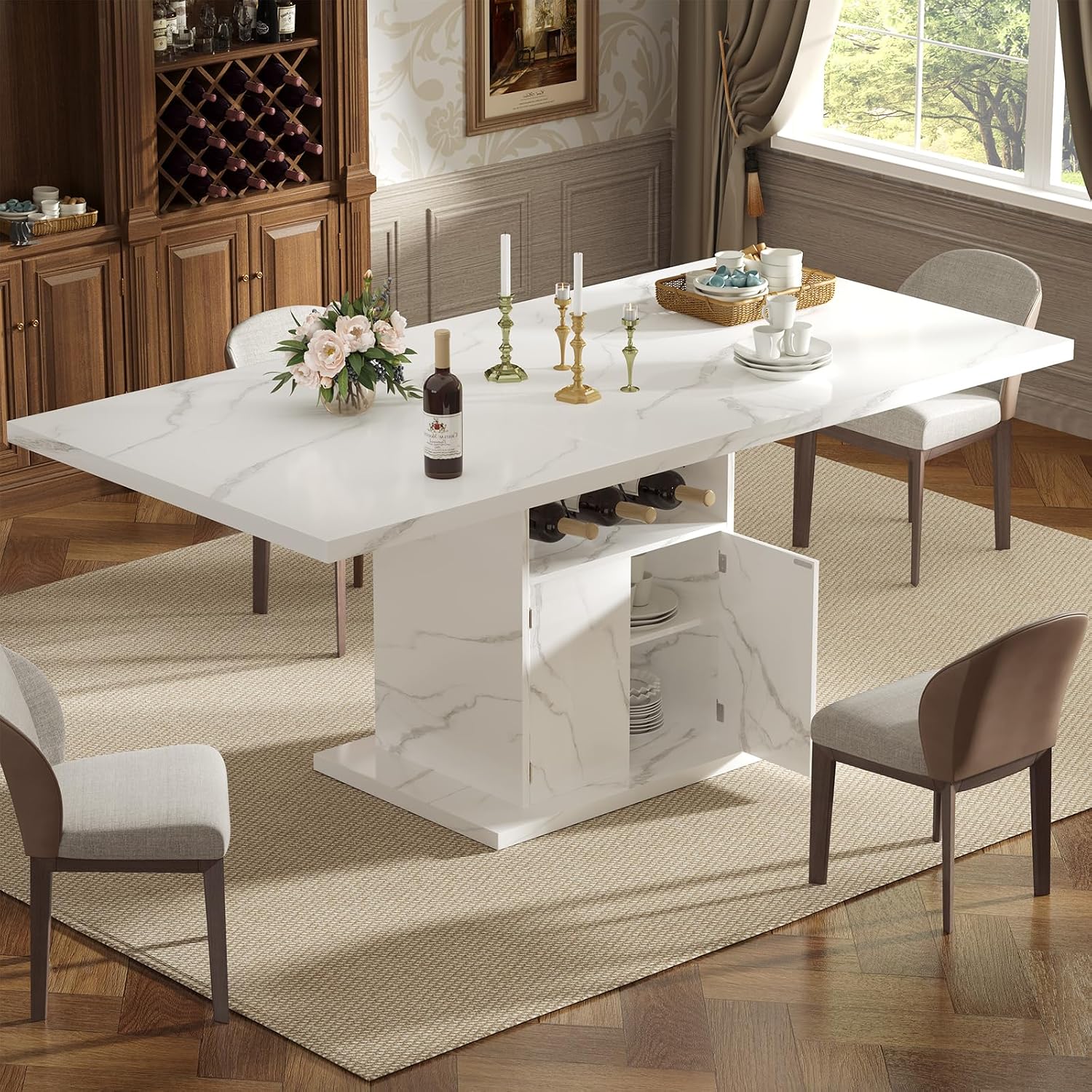 Extendable Dining Room Table for 4-6, 47-63 Inch Rectangle Kitchen Dining Table with Storage, Expandable Modern Rectangle Dinner Table with Faux Marble Top for Kitchen, Dining Room, White Faux Marble