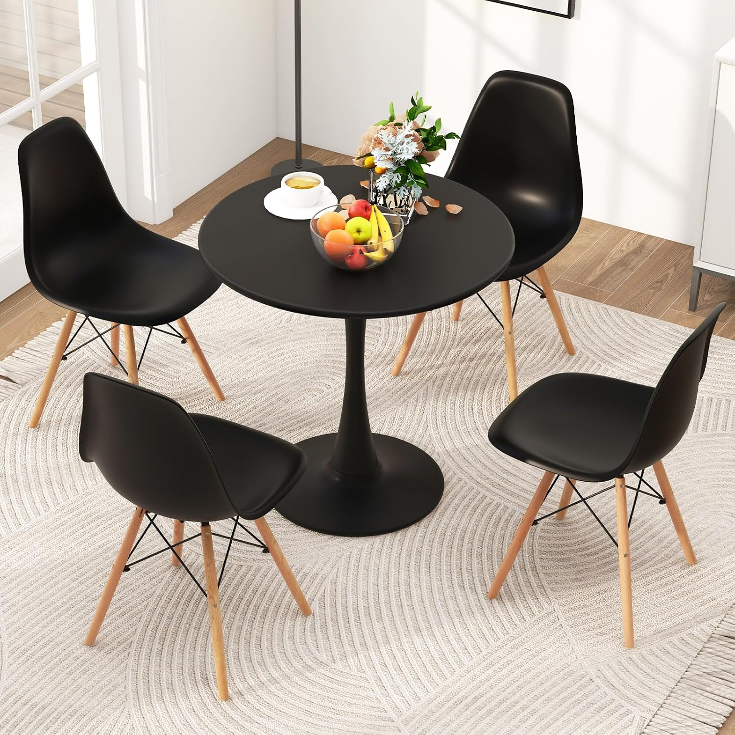 Tangkula Round Dining Table Set for 4, Kitchen Table Set with Seat & Solid Wood Legs, Round Kitchen Table and Chairs for Small Space, Black