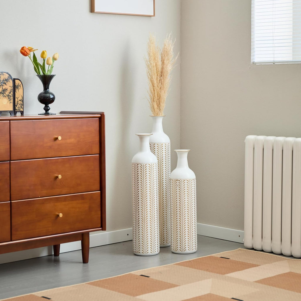White Metal Floor Vase Set of 3 - Modern Glazed Tall Standing Vase for Home Decor, Living Room & Wedding Centerpieces, Tall Metal Standing Vases for Home Decor (White+Gold Ear of Wheat)