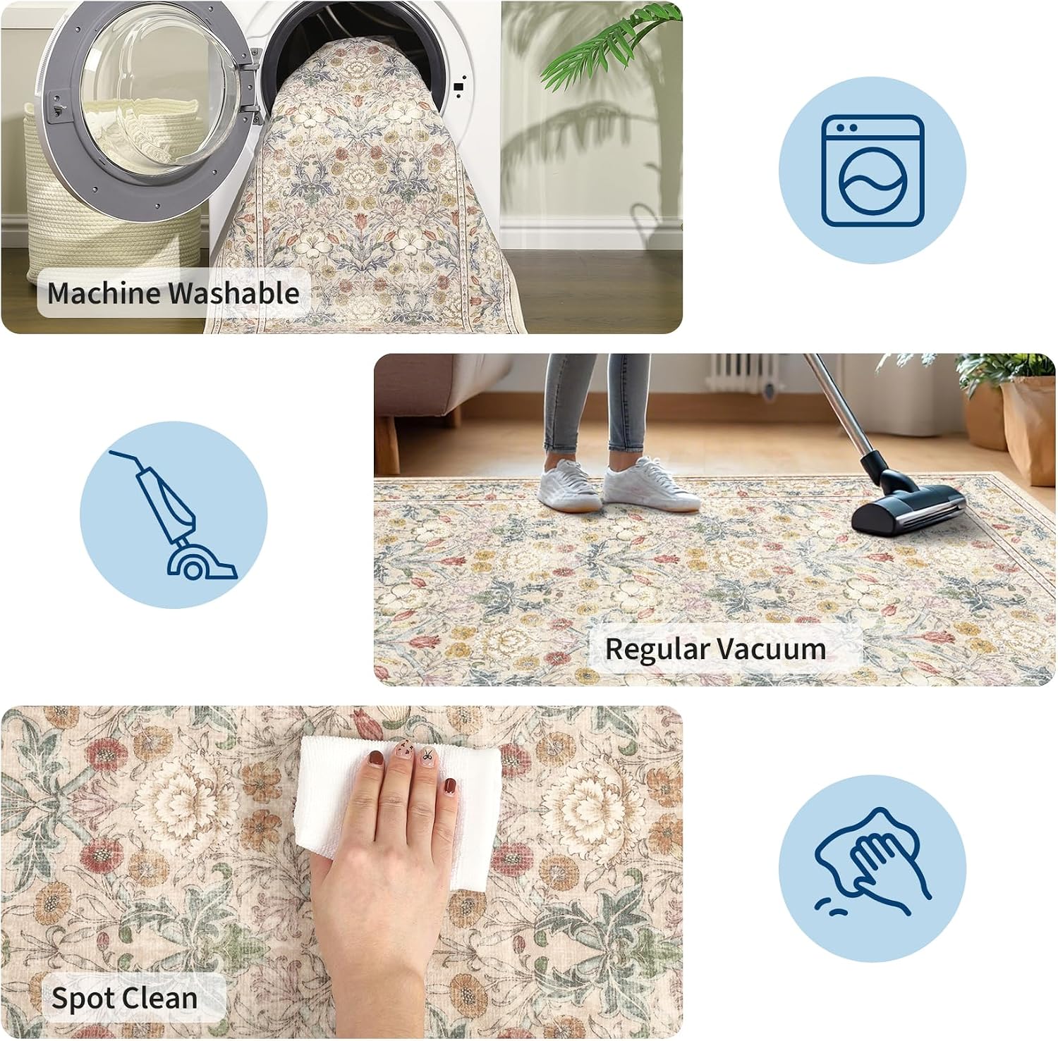 GarveeHome Large Area Rugs 9x12 for Living Room, Beige Floral Washable Rug Soft Non Slip Floor Mat Carpet Indoor Thin Accent Rug for Bedroom Dining Room Playroom Nursery Home Decor